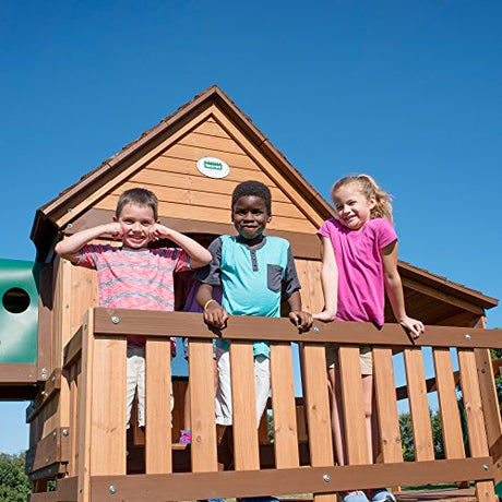 Backyard Discovery Woodridge Elite All Cedar Wood Swing Set, Upper and Lower Deck, Sandbox, Vented Tunnel, Rock Climbing Wall, Coated Rope Belted Backyard Discovery