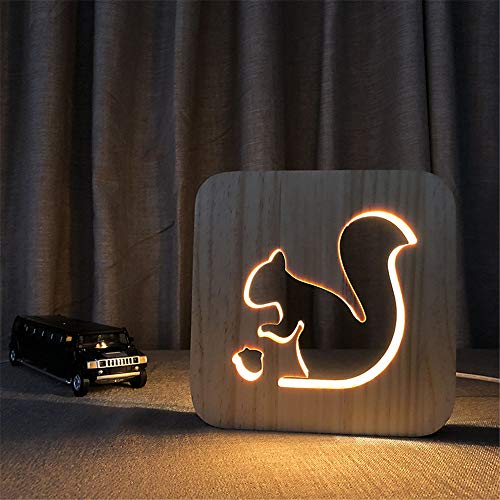 padom Creative Lovely Squirrel Christmas 3D Wood Carving LED Night Light Warmwhite Color Lights USB Power Home Decor Lamp Desk Table Lamp for Kids - WoodArtSupply