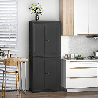 HOMCOM 72.5" Kitchen Pantry Storage Cabinet, Freestanding Kitchen Cupboard with 4 Doors and Adjustable Shelves for Dining Room, MDF Black