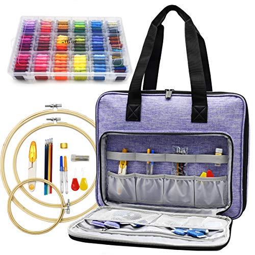 ATTERET Full Range Embroidery and Cross Stitch Starter Kit with Premium Storage Organizer Bag, Includes 99 DMC Coded Cotton Threads, 9 Metallic ATTERET