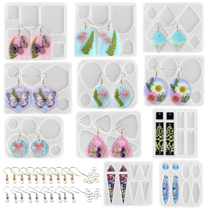 RESINWORLD Earrings Molds with Varieties of Shapes and Sizes, Stud Dangle Drop Earrings Resin Molds with Hole, Arch/Oval/Hexagon Silicone Molds for Keychain Charm Pendant Jewelry Making