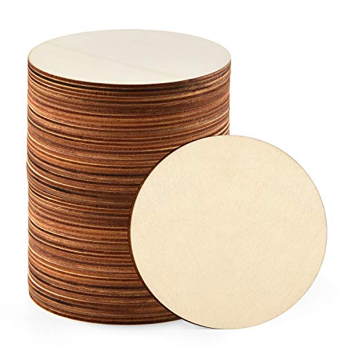 Coopay 60 Pieces 4 Inch Wooden Circles, Unfinished Round Wood Slices Natural Wooden Cutouts for Door Hanger, Painting, Wedding, Home Decoration DIY