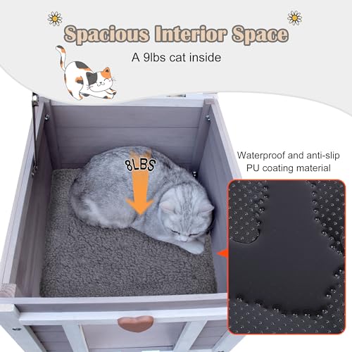 Hicaptain Cat House Outdoor, Feral Cat Shelter, Outside Rabbit Hutch Weatherproof Wooden Small Animal House and Habitats HiCaptain