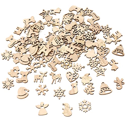 yueton 100PCS Mini Christmas Tree Snowflakes Stars Moose Bells Hats Socks Angels Christmas Unfinished Blank Wood Pieces Wood Slices Wood Chips - WoodArtSupply