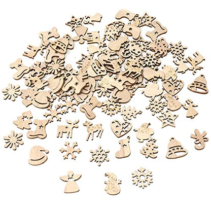 yueton 100PCS Mini Christmas Tree Snowflakes Stars Moose Bells Hats Socks Angels Christmas Unfinished Blank Wood Pieces Wood Slices Wood Chips - WoodArtSupply