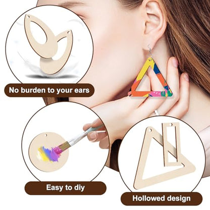 Anjmd 280 Pieces Unfinished Wooden Earrings Blanks Wooden Teardrop/Circle/Triangle/Rectangle Shapes Earrings Pendants Wood Earring Pendant Pieces