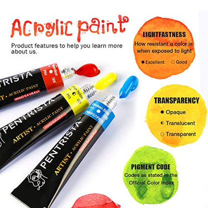 PENTRISTA Acrylic Paint Set,48 Colors Artist Grade Acrylic Paints for Artists,12ml/Tube with 3 Art Brushes & 1 Palette for Beginners and Kids, Craft - WoodArtSupply