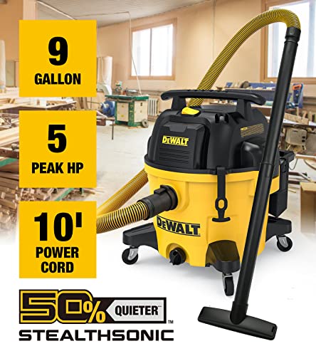 DEWALT 9 Gallon STEALTHSONIC Poly Wet/Dry Vacuum, DXV09P-QTA Newest Noise Reduction Vac, Heavy Duty Shop Vacuum for Jobsite/Workshop, Reduce Motor DEWALT
