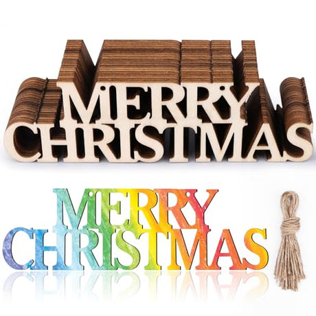 AIERSA 20Pcs Merry Christmas Unfinished Wood Crafts, Christmas Crafts for Kids Adults, Wood Cutouts Gift Tags,Wooden Letters Ornaments with 25 AIERSA