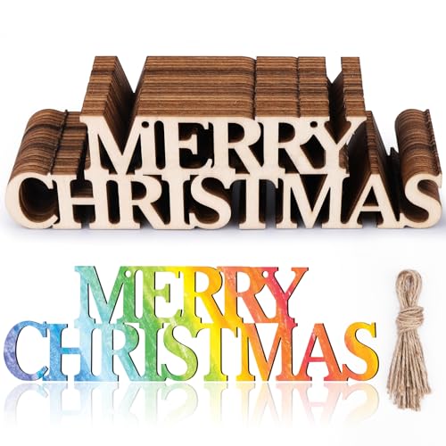 AIERSA 20Pcs Merry Christmas Unfinished Wood Crafts, Christmas Crafts for Kids Adults, Wood Cutouts Gift Tags,Wooden Letters Ornaments with 25 - WoodArtSupply