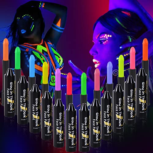 12 colors Glow in The Dark Body Paint UV Neon Face Paint Crayons Halloween Neon Face Painting Crayons Kit for Halloween Costume Holiday Birthday - WoodArtSupply