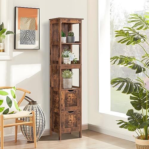 usikey 55.9" Storage Cabinet with 2 Drawers, Wooden Bathroom Floor Cabinet with 3 Open Shelves,for Living Room, Kitchen, Rustic Brown - WoodArtSupply