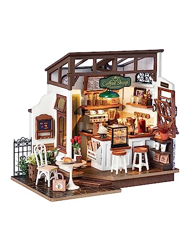 Rowood Miniature House Kit,Tiny House Kits to Build to Live in,DIY Wooden Crafts for Adults,Mini Model Kits with LED,Birthday for Teens(NO.17 Cafe)