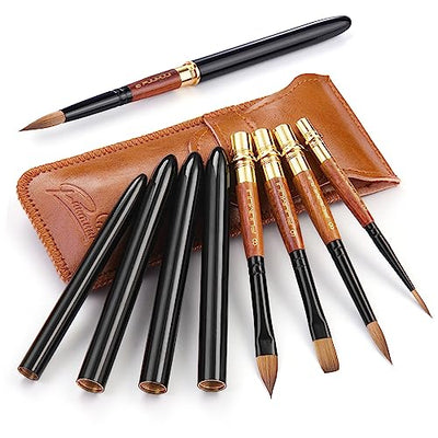 Sable Travel Watercolor Brushes, Fuumuui 4pcs Elegant Kolinsky Sable Watercolor Travel Brushes Travel Watercolor Kit with Leather Pouch Perfect for