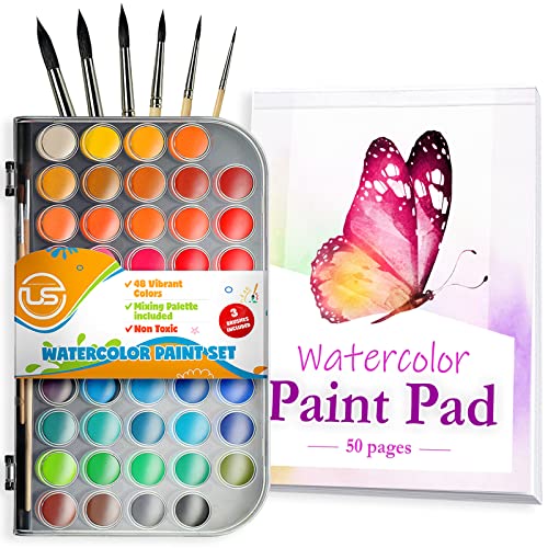 Watercolor Paint Set- Premium 48 Watercolor Paint. Water Color with Watercolor Book, Watercolor Palette and 3 Paintbrushes. Great Water Colors for - WoodArtSupply