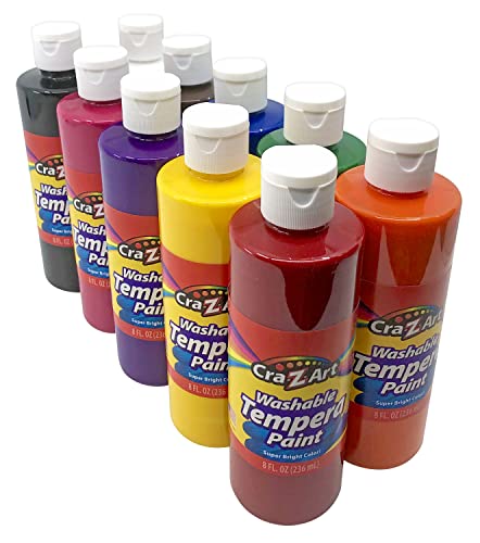 Cra-Z-Art Washable Tempera Paint Bulk Pack 10ct, Assorted Colors 8oz each bottle Cra-Z-Art