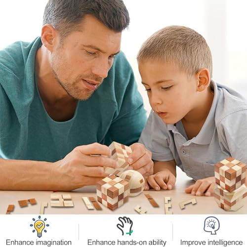 4 Pack Wooden Puzzle Games Brain Teasers Toy- 3D Puzzles for Teens and Adults - Wooden Logic Puzzle Wood Snake Cube Magic Cube Magic Ball Brain Rich Boxer