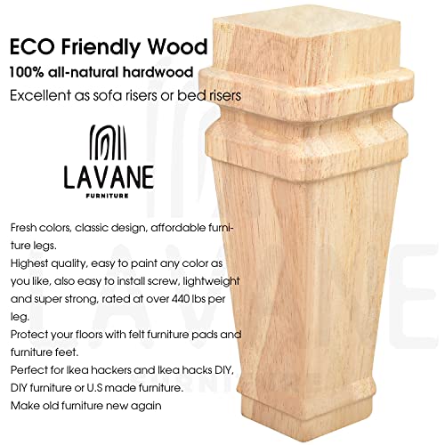 La Vane 6 inch / 15cm Wooden Furniture Legs, Set of 4 Solid Wood Carved Geometry Unfinished Replacement Bun Feet with Mounting Plate & Screws for La Vane