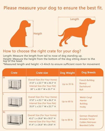 Piskyet Wooden Dog Crate Furniture with Divider Panel, Dog Crate End Table with Fixable Slide Tray, Double Doors Dog Kennel Indoor for Large Piskyet
