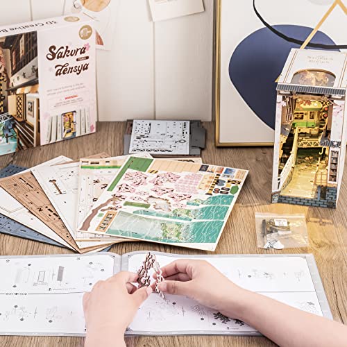 ROBOTIME DIY Book Nook Kit Decorative Bookend Insert Bookcase Book Stand Miniature House Kit with LED Light Creative Gift for Birthdays (Sakura Tram) ROBOTIME