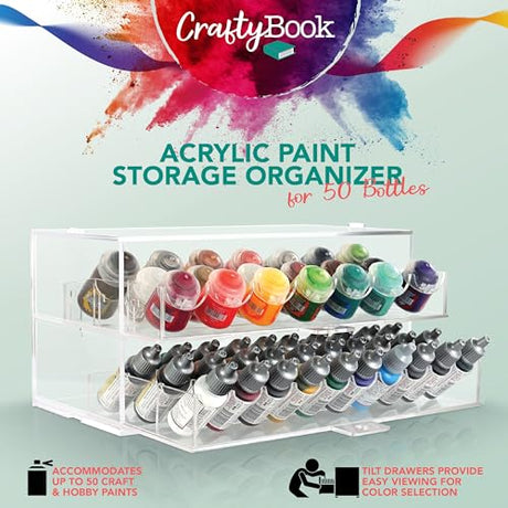 CraftyBook Acrylic Paint Storage Organizer - 50 Bottle Miniature, Hobby, Enamel, Model Paint Holder - 2 Drawer Clear Acrylic Craft Storage - Desktop CraftyBook