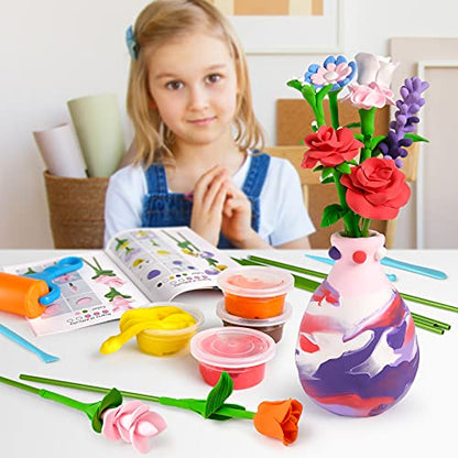 Drama Planet Flower Craft Kit for Kids, Make Your Own Flower Bouquet with Air Dry Clay, Arrange Clay Flowers & Create Personalized Art, Great Gifts - WoodArtSupply