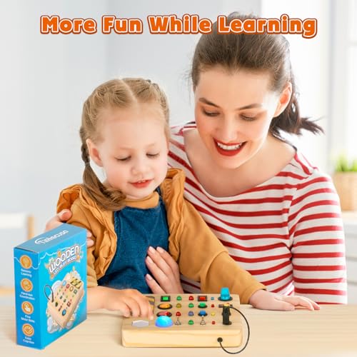 TINTECUSA Busy Board Montessori Toys for Toddler, Wooden Sensory Board Switch Toy with Shape Sorter LED Light Up Toys Educational Plane Travel TINTECUSA
