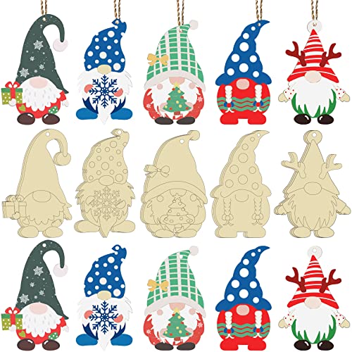 25 Pieces Christmas Wooden Gnome Cutouts Slices Unfinished Blank Wood Hanging Ornaments with 25 Ropes for Christmas Tree DIY Craft Making Painting PEVOGON