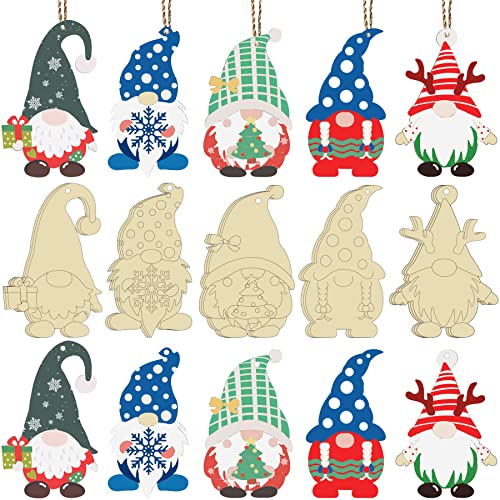 25 Pieces Christmas Wooden Gnome Cutouts Slices Unfinished Blank Wood Hanging Ornaments with 25 Ropes for Christmas Tree DIY Craft Making Painting