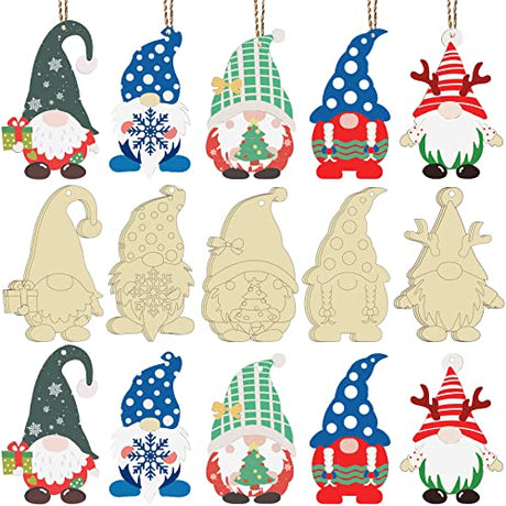 25 Pieces Christmas Wooden Gnome Cutouts Slices Unfinished Blank Wood Hanging Ornaments with 25 Ropes for Christmas Tree DIY Craft Making Painting PEVOGON
