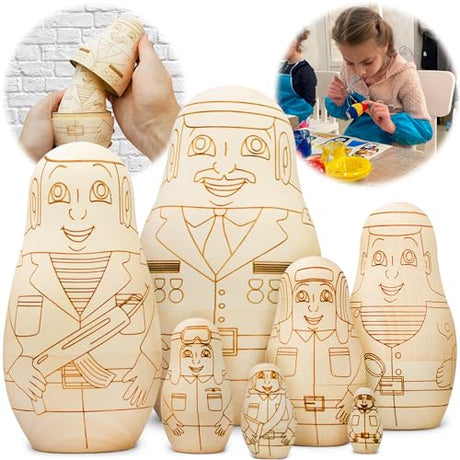 AEVVV Blank Nesting Dolls to Paint Set 7 pcs - Unpainted Russian Nesting Dolls Russian Officers - Unfinished Wooden Crafts to Make Your Own AEVVV