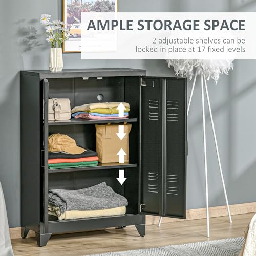 HOMCOM Industrial Storage Cabinet, Steel Garage Cabinet with Double Doors and Adjustable Shelves, Black HOMCOM