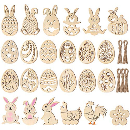 TOYANDONA 48 Pcs Easter Wooden Ornaments, Unfinished Wood Easter Cutouts Hanging Embellishments Easter Wooden Crafts for Kids Easter Party Supplies - WoodArtSupply