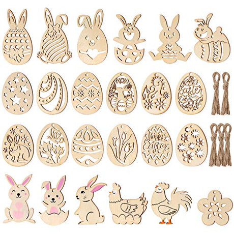 TOYANDONA 48 Pcs Easter Wooden Ornaments, Unfinished Wood Easter Cutouts Hanging Embellishments Easter Wooden Crafts for Kids Easter Party Supplies TOYANDONA