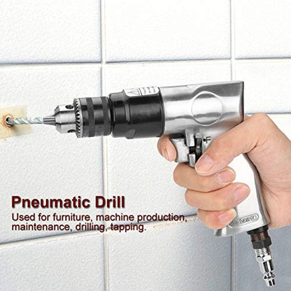 Air Drill, 3/8" 1700rpm High-speed Pneumatic Drill Reversible Rotation Air Drill Tool for Hole Drilling for Drilling on Walls, Floors, Iron Plate,