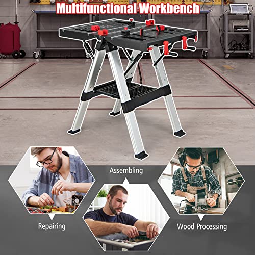 Goplus Portable Workbench, Folding Work Table & Sawhorse with Adjustable Height, 440LBS/1000LBS Capacity, Clamps, 2 x 4 Support Arms, Tool Tray, Goplus