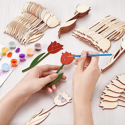 NBEADS 60 Pcs 3 Styles Wood Flower Cutouts, 6×2×0.1"(15.1×4.95×0.25cm) Unfinished Wooden Cutouts Rose Shape Blank Spring Flower Wood Slices Pieces NBEADS