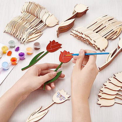 NBEADS 60 Pcs 3 Styles Wood Flower Cutouts, 6×2×0.1"(15.1×4.95×0.25cm) Unfinished Wooden Cutouts Rose Shape Blank Spring Flower Wood Slices Pieces