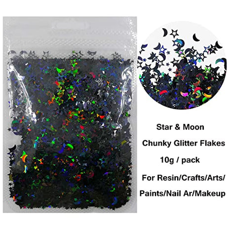 LoveOurHome 6 Colors Star Moon Chunky Glitter Flakes Resin Epoxy Accessories Holographic Black Blue Stars Glitters Confetti Crafts Sequins Decor for LoveOurHome