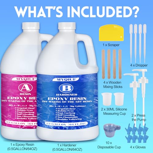 Myqiuf Epoxy Resin Kit, 1 Gallon/128OZ Epoxy Resin Crystal Clear Not Yellowing No Bubble Self Leveling for DIY Molds Wood Jewelry Table Tops Bar Top