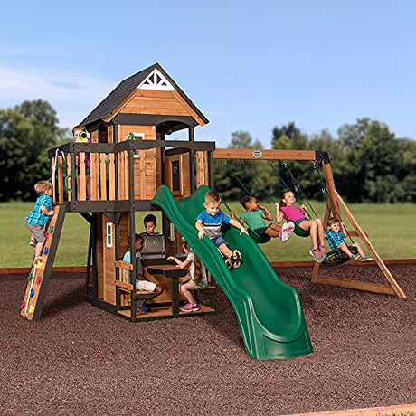 Backyard Discovery Canyon Creek All Cedar Wood Swing Set, Playhouse with Grill, Plastic Food, Picnic Area, Steering Wheel, Two Belt Swings, Rock Backyard Discovery