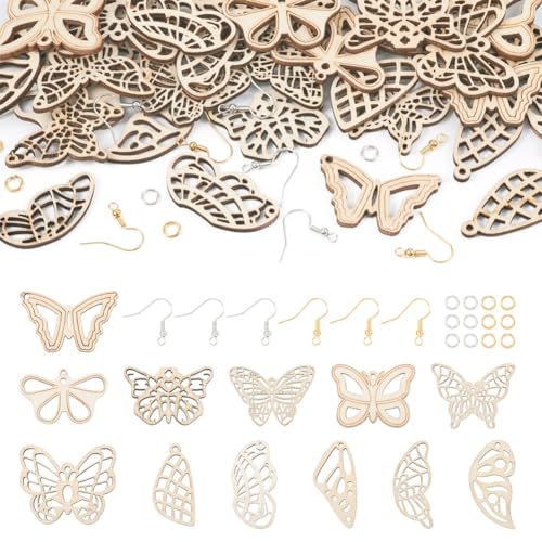 EEE ELECRELIVE 48pcs Wood Butterfly Charms Unfinished Natural Wood Filigree Wing Pendants & 50pcs Earring Hooks & 50pcs Jump Rings for Boho Earring EEE ELECRELIVE