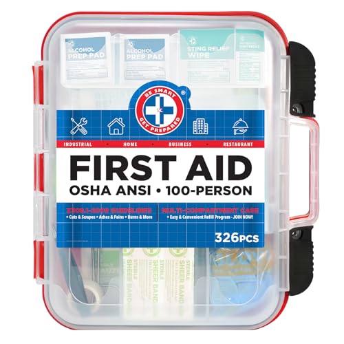 Be Smart Get Prepared First Aid Kit Hard Red Case 326 Pieces Exceeds OSHA and ANSI Guidelines 100 People - Office, Home, Car, School, Emergency, Be Smart Get Prepared