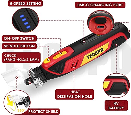 4V Cordless Rotary Tool, 5-Speed 25000RPM TECCPO Mini Power Rotary Tool with 53 Accessories, Rechargeable Rotary Tool for Grinding, Polishing, Wood TECCPO
