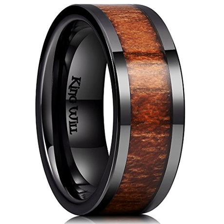 King Will NATURE 8mm Black Koa Wood Ceramic Ring Wedding Band Polished Finish Comfort Fit Flat Style10.5 King Will