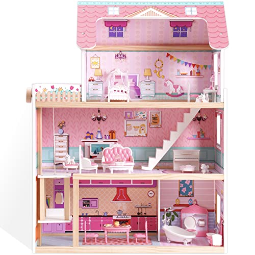 ROBOTIME Wooden Dollhouse, Doll Houses with 24 Pieces Furniture for 4, 5, 6-Inch Dolls, Dollhouse Gift for 3+ Year Old Girls (Pink) ROBOTIME