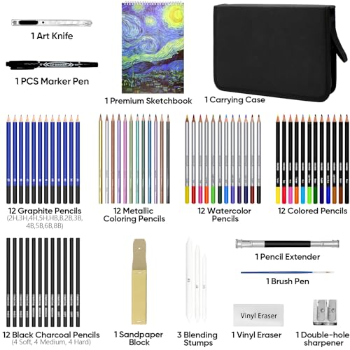 Tioucd 73 Pcs Drawing Kit Professional Art Supplies Drawing Set with  Graphite Charcoal Colored Watercolor Metallic Pencils Sketchbook for  Drawing Arts Set for Adults Teens Artists Beginners