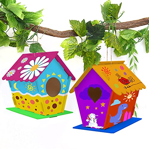 hapray 2 Pack Bird House Kit, DIY Birdhouse Kits, Wooden Crafts Arts for Children to Build and Paint (Includes Paints & Brushes) for Kids Girls Boys hapray