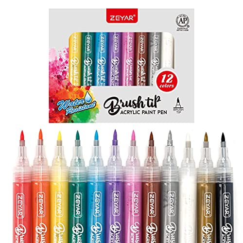 ZEYAR Acrylic Paint Pens Brush Tip, Valve-action Structure, Waterproof Ink, Writes on Paper, Rock, Rubber, Ceramics, Wood, Glass and more, Patented ZEYAR