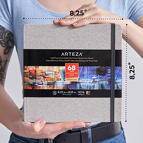 Arteza Watercolor Sketchbooks, 8.25x8.25-inch, 2-Pack, 68 Sheets, Gray Art Journal, Hardcover 110lb Paper Book, Watercolor Sketchbook for Use as - WoodArtSupply